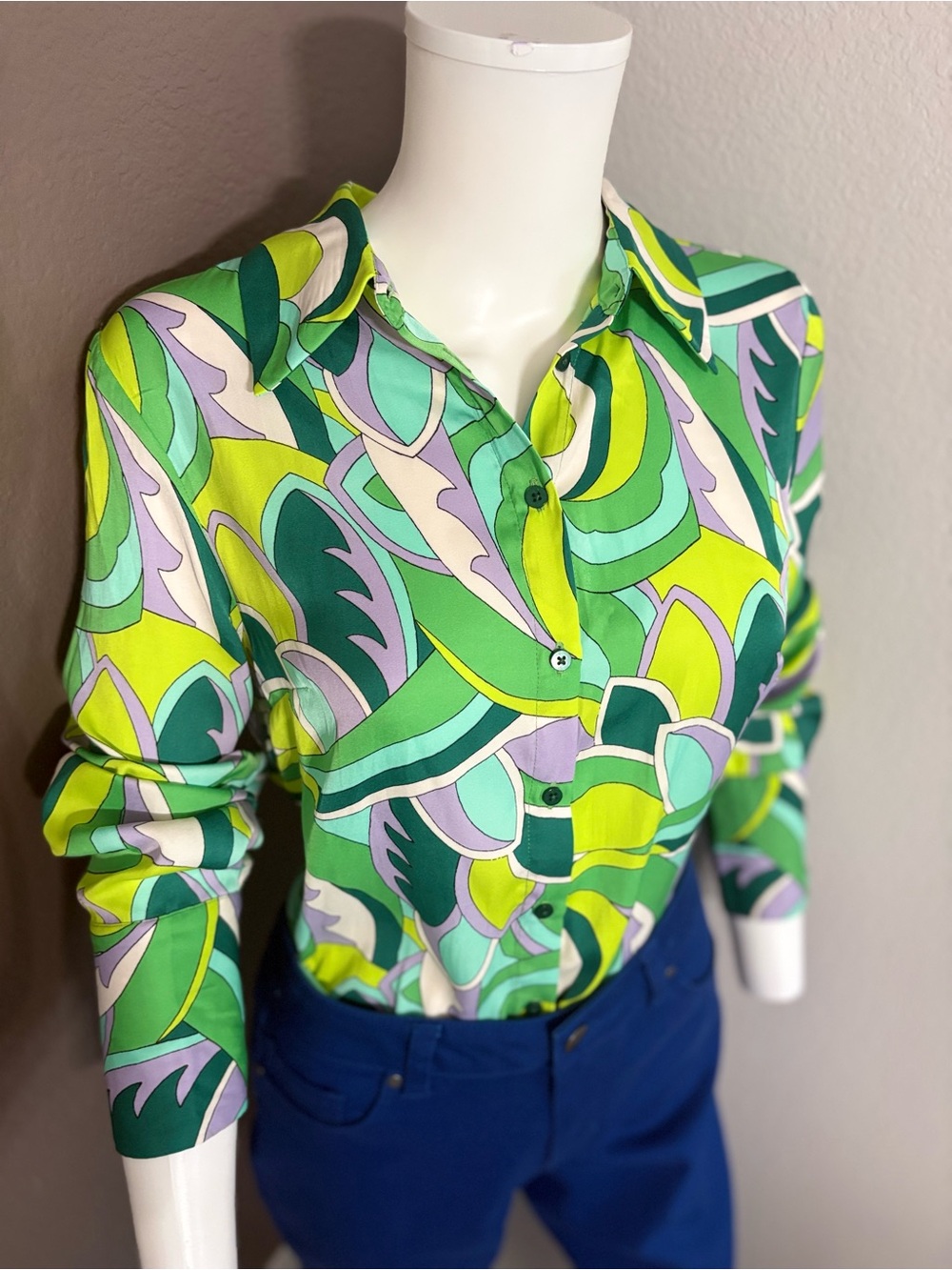 Rachel Zoe Abstract Green, Teal, Lime and Lavender Button-Down Shirt - Picture 3 of 9